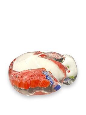 Art Glass Rabbit Paperweight Bunny Hand Blown Millefiori Clear Red White Blue